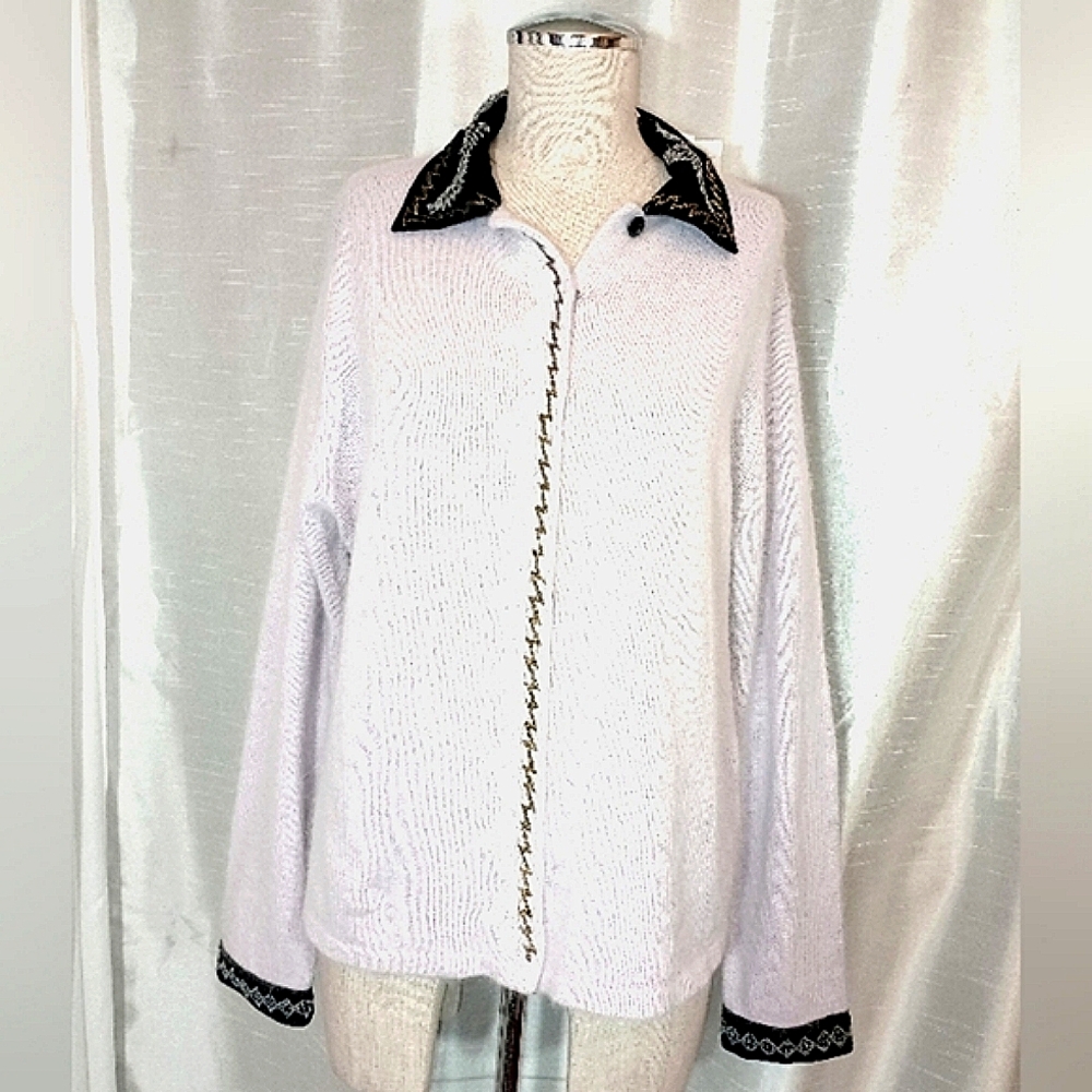 Angora/Silk Cardigan TAG, Silk Lore, Lavender/Black, beads, BttnUp, Collar, 14